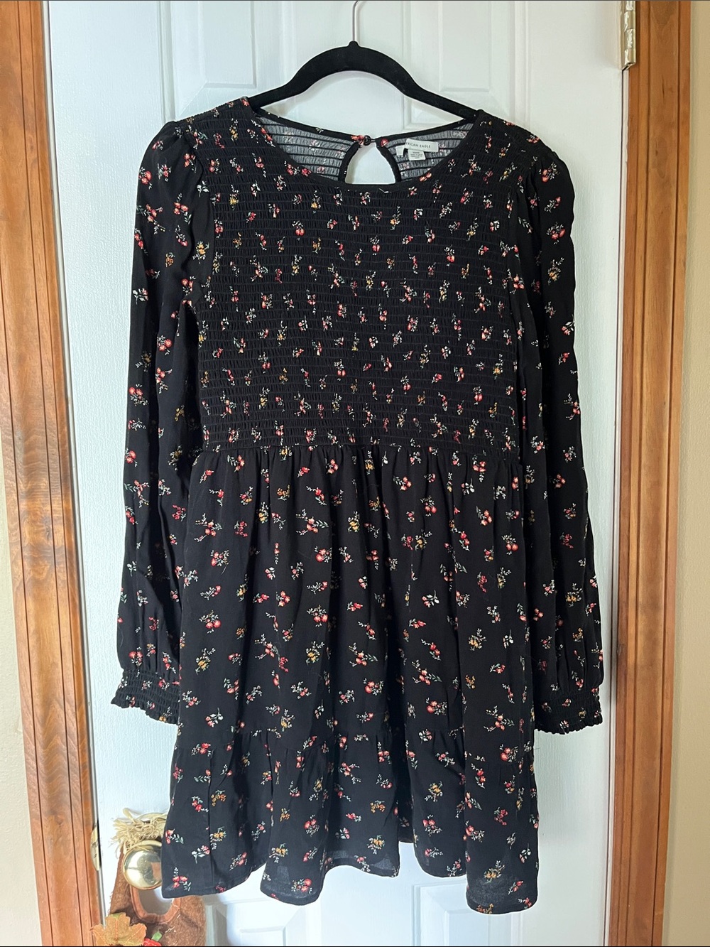 American Eagle Outfitters Black Floral Long-Sleeve Smocked Dress